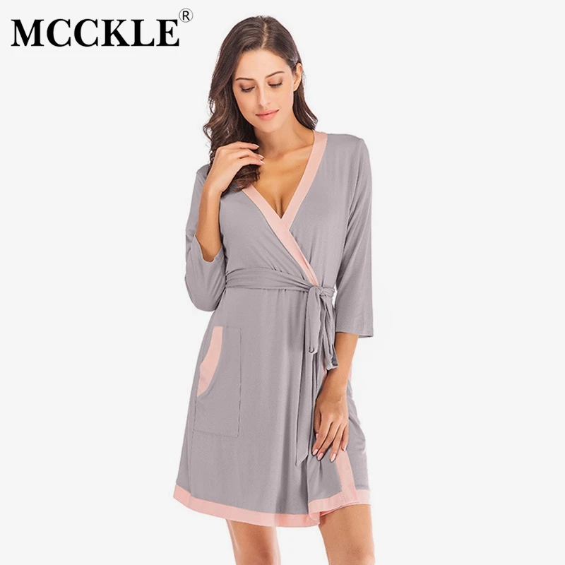 

MCCKLE Women's Sexy V-Neck Sashes Sleep Robe 2018 Autumn Female Sleepwear Ladies Crochet Patchwork Bandage Bath Robes