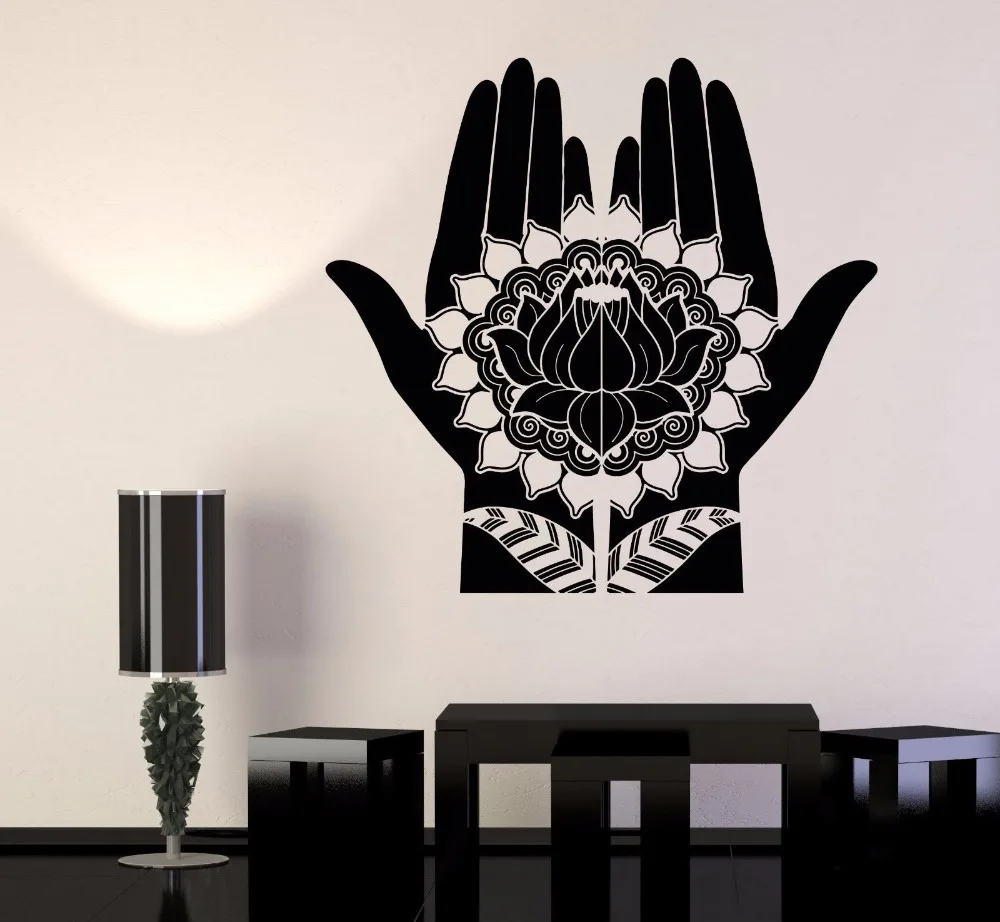

New Design Flowers Vinyl Wall Decal Mehndi Decoration Beauty Hands Henna Lotus Stickers Removable Yoga Room Home Decor Hot LA868