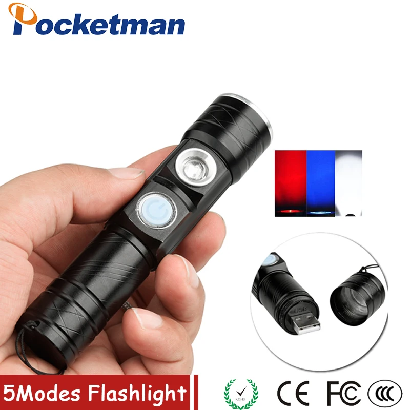 

LED 5 Mode 2000 Lumen 150M Long Range Red Blue Light Flashlight Red Light Tactical Flashlight Red Light Torch For Fishing