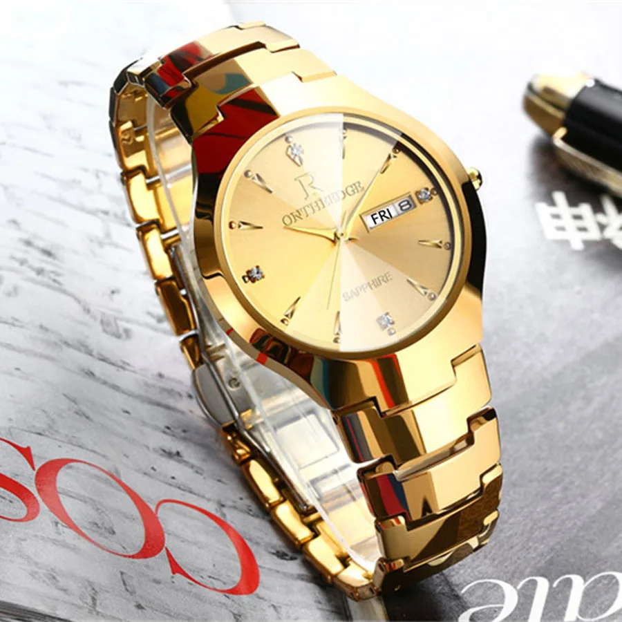 Мужские часы из вольфрамовой стали, роскошные брендовые наручные часы 30 м, водонепроницаемые деловые кварцевые часы с автоматической датой, модные повседневные спортивные часы - Цвет: Gold
