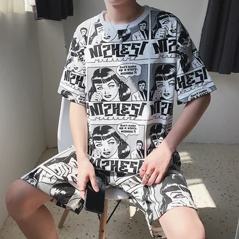 

Mens Summer Sets Mens New Fashion Casual Sport Loose Print Hip Hop Suit High Quality Cotton 2-piece set T-Shirt+Shorts Size 3XL