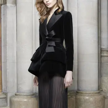 

2019 spring autumn new fashion Velvet Notched coats women sashes slim solid black blazers casual style outerwear tops gx1727