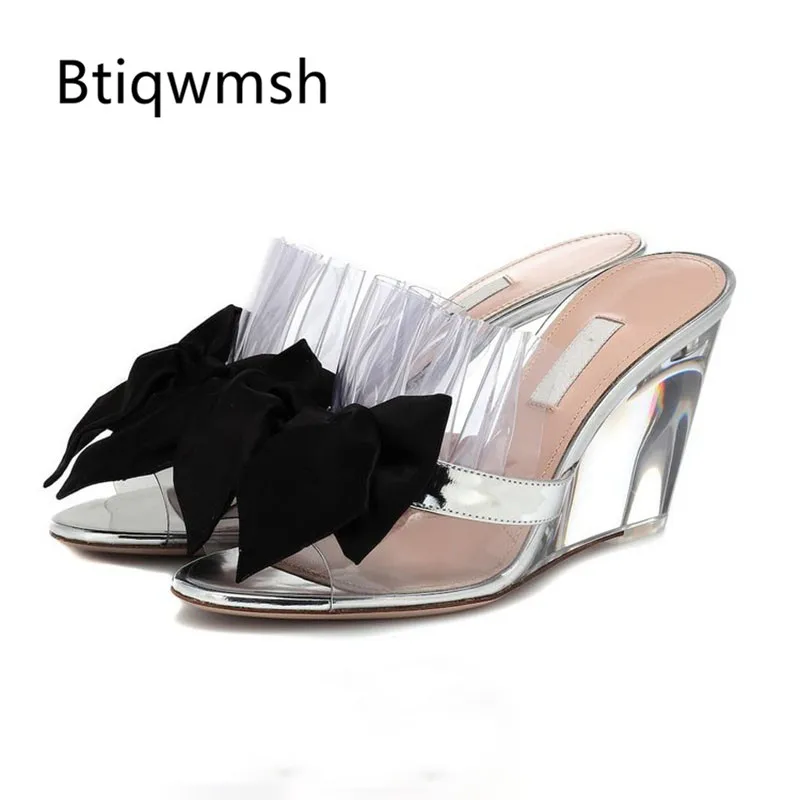 

2019 Butterfly Knot Sandals Women Open Toe Pvc Flower Transparent Crystal Wedges Shoes For Women Summer Party Shoes