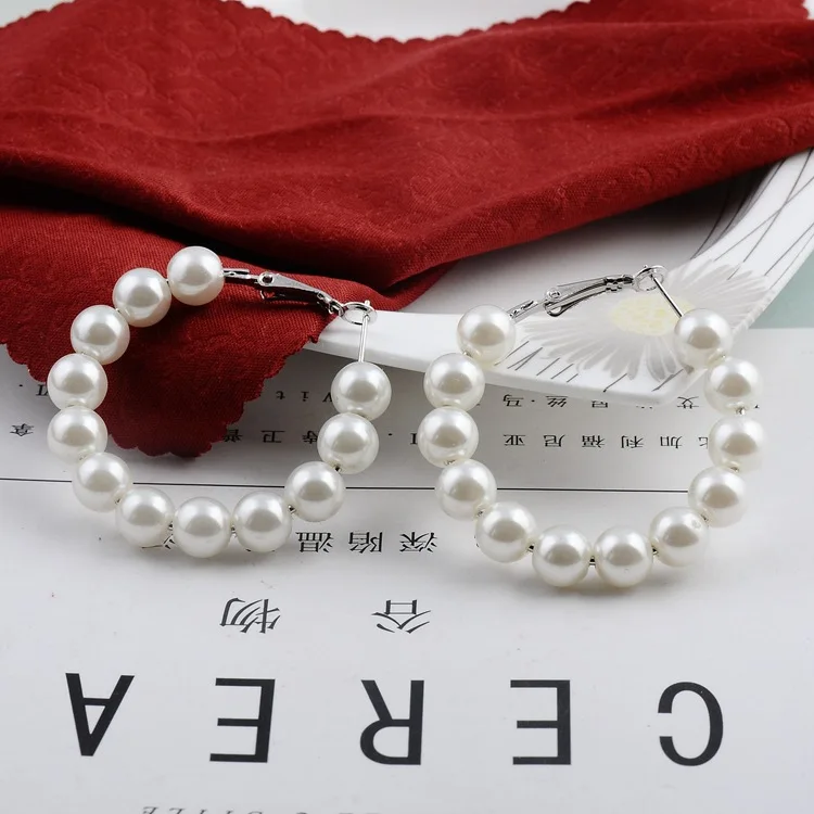 

Trendy Elegant Created Big Simulated Pearl Long Earrings Pearls String Statement Dangle Statement Multiple Pearls CircleEarrings