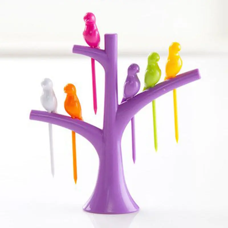 

6Pcs Easy Bird Fruit Snack Dessert Forks+ Tree Shape Holder For Party Home Decor Hall