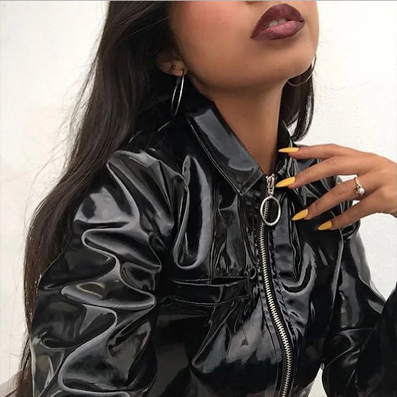 

Turndown Collar Bright Black Pu Leather Short Jacket Gothic Punk Harajuku Ring Zipper Buckle Coat Crop Top Cropped Streetwear