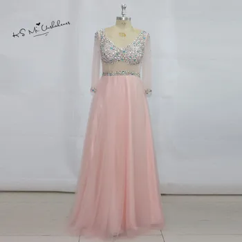 

Vintage Pink Rhinestones Prom Dresses 2017 Long Sleeve Evening Dress See Through Sheer Formal Evening Gowns Vestido de Formatura