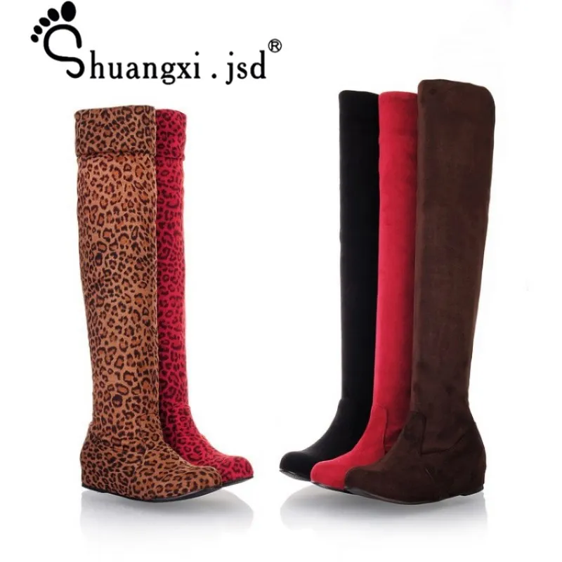 

Shuangxi.jsd 2018 Winter Women Elastic Fabric Leopard Boot Large Size Over the Knee Boots Platform Woman Shoes Thigh High Boots