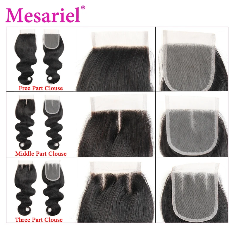Mesariel бразильские объемные волнистые 4*4 прозрачные человеческие волосы с закрытием, натуральный цвет, не Реми волосы, свободные/средний/три