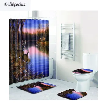 

Free Shipping Elk Watching Riverside Casa De Banho Banyo Bathroom Carpet Bathmat Set Non Slip Tapis Salle De Bain Alfombra Bano