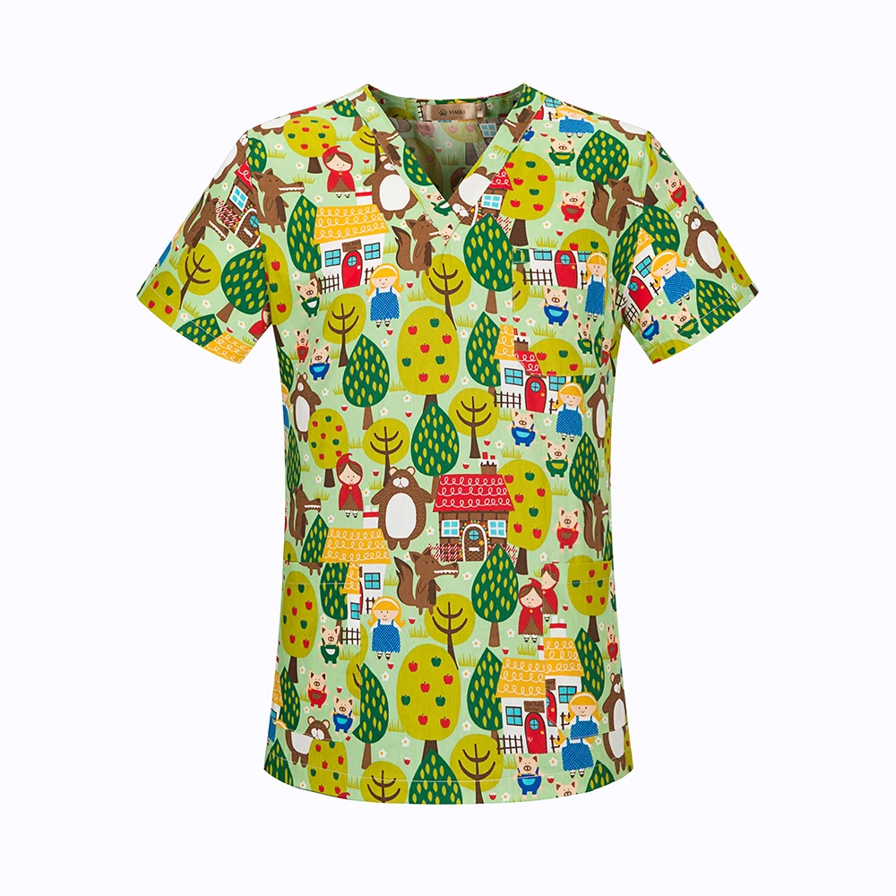 viaoli Cotton Cartoon print spa uniform beauty salon Pet shop uniform Fashion Slim Fit top scrub clothes women scrubs lab coat