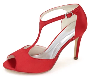 Creativesugar/Женские атласные вечерние туфли с Т-образным ремешком и открытым носком; Свадебная обувь для невесты; Цвет Фиолетовый, шампань, белый, слоновая кость, серебристый, серый, красный - Цвет: Red