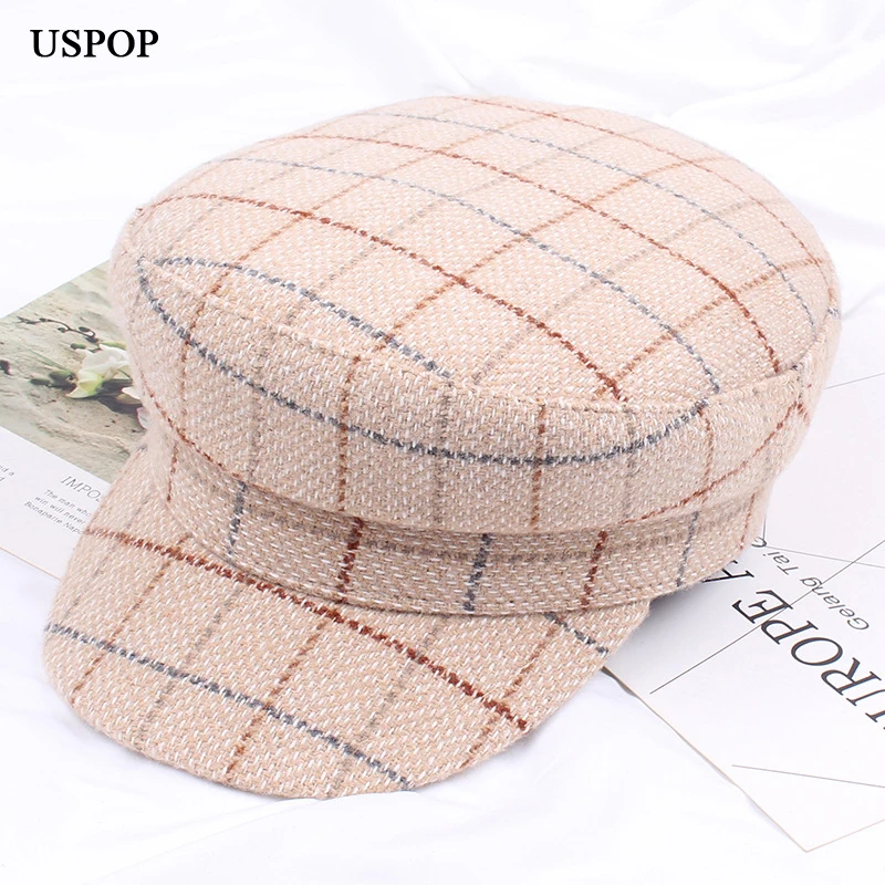 

USPOP 2019 women plaid newsboy cap thick wool winter caps square plaid military caps flat top visor caps Octagonal hat