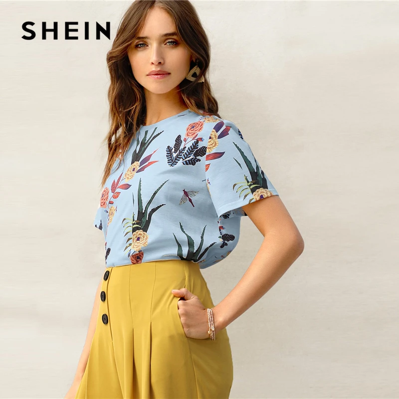 SHEIN Цветочная Футболка С Графическим Принтом Женский Летний Повседневный Топ С Короткими Рукавами И Круглым Вырезом