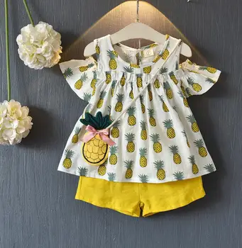 

Girl casual pineapple clothing set children 2 pc T-shirt+shorts sets summer baby girl clothes for 2-8T toddler kids suit