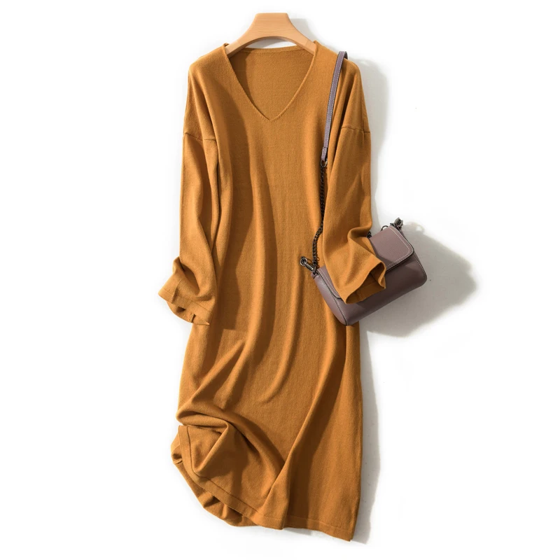 

2019 New autumn winter v-neck Cashmere blended Sweater dress women knit Wool long Sweater female solid color pullover