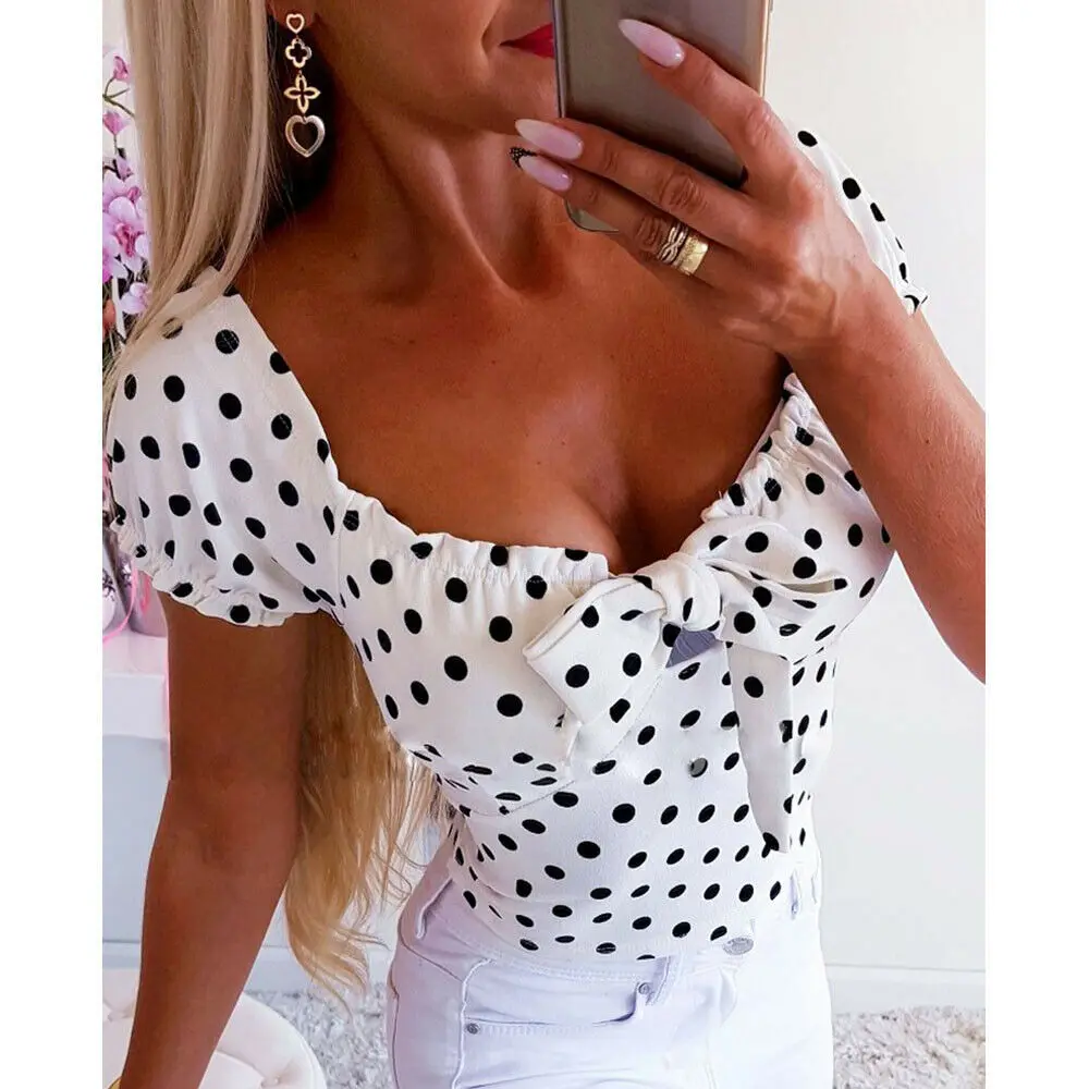 

Fashion Dot Women Casual Summer Short Sleeve Loose Print Cotton Shirt Blouse Tops White Red