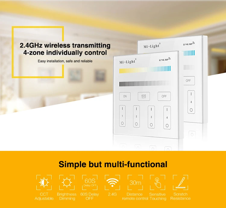 

Milight T2 AC220V 4-Zone CCT Adjust Smart Panel Remote Controller color temperature and brightness For led strip light lamp bulb