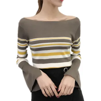 

Sweet Sexy Slash Neck Women Spring Autumn Knitted Sweater Pullovers 2018 Fashion Flare Sleeve Female Bottom Sweater Thin CQ2256