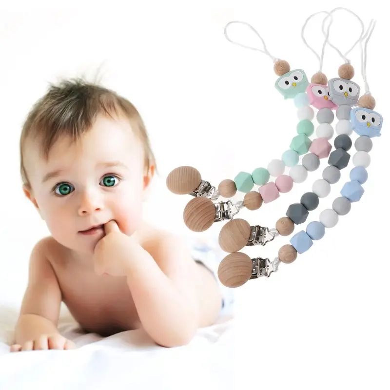 

Baby Pacifier Clip Owl Silicone Teething Pacifier Clips With Safe Wooden Beads Pacifier Chain Holder For Nipples Baby Chew Toys