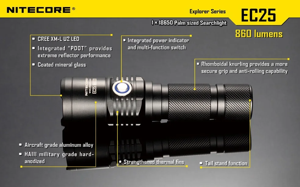 Оптовая продажа Бесплатная доставка NITECORE EC25 фонарик CREE XM-L U2 светодиодный 860 люмен фонарик (1*18650/2 * CR123Battery)