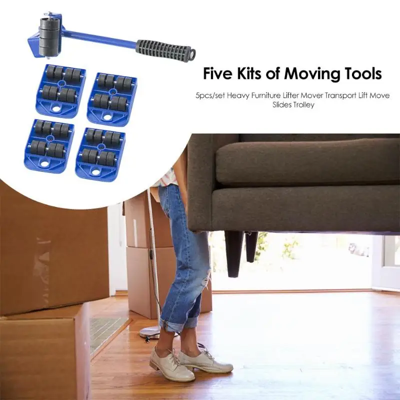 

5pcs/set Heavy Furniture Lifter Mover Transport Lift Move Slides Trolley for Moving Moving Heavy Goods Blue 34*10cm