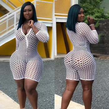 

Women Hollow Out Romper Sexy Zipper V Neck Jumpsuit Short Night Club See Through Overalls