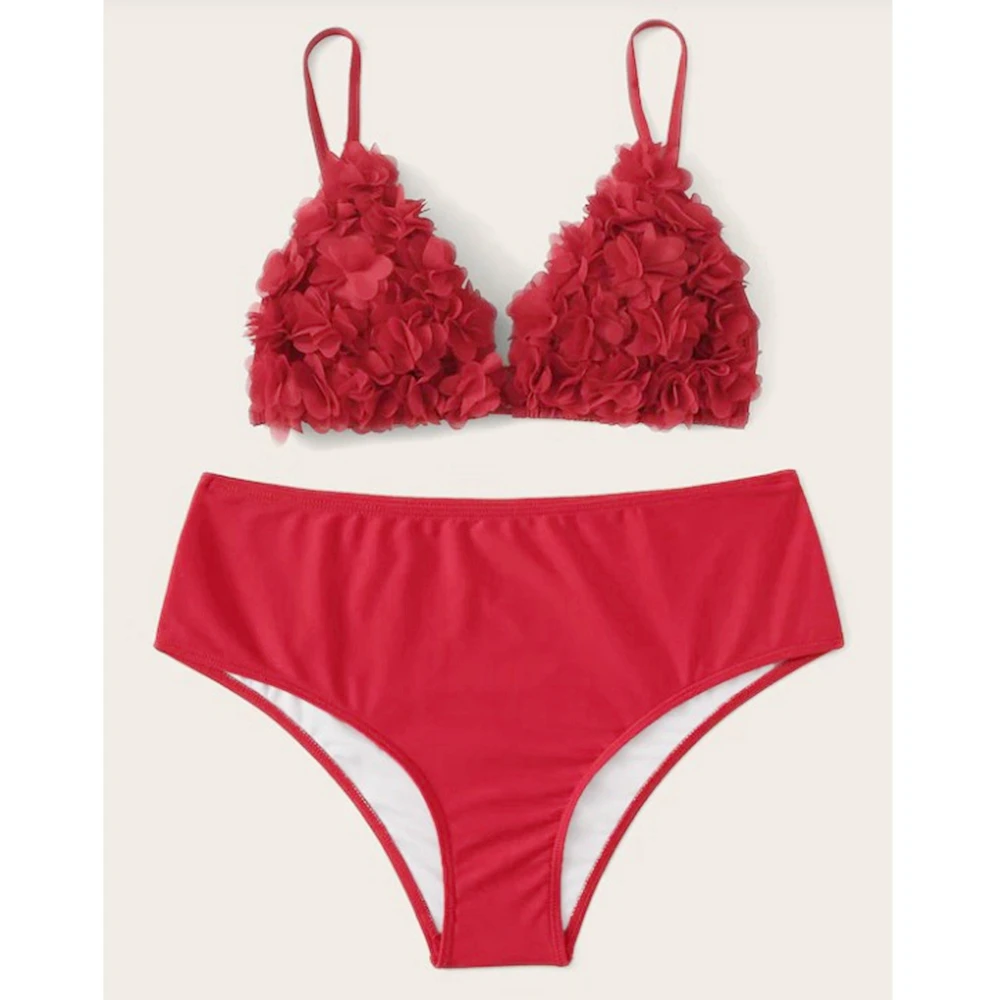 

L-3XL Plus Size Red Bikini Push Up 3D Petal Swimsuit Large Sizes Swimwear Women High Waisted Bathing Suit Strappy Bikini Female