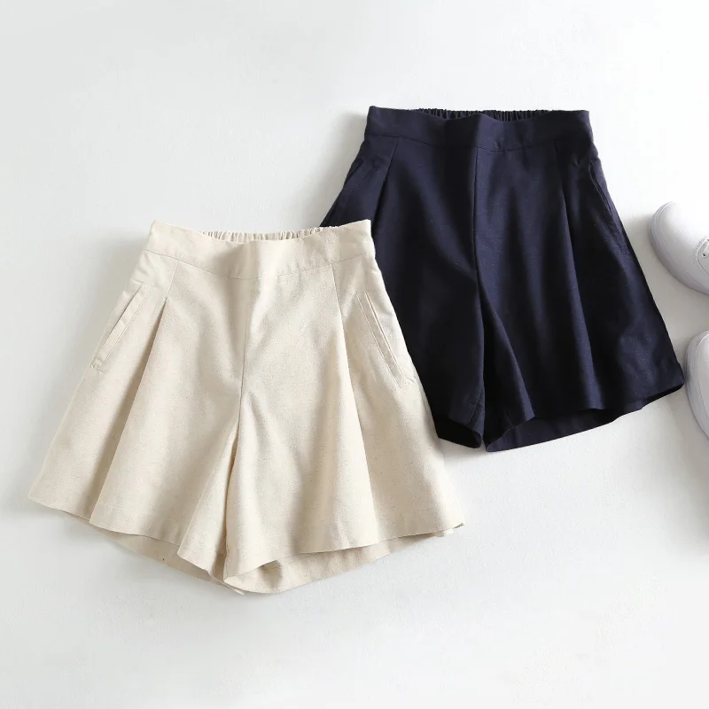 

Cotton and linen shorts female summer 2019 new after elastic high waist was thin folds solid color comfortable linen wide leg ho