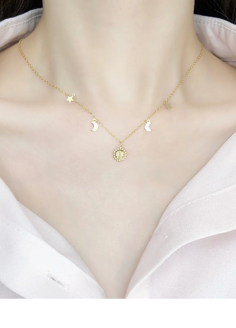 Leouerry 925 Sterling Silver Beautiful Sun Moon Star Necklace 14K Gold Plated Clavicular Chain Necklace for Women Simple Jewelry