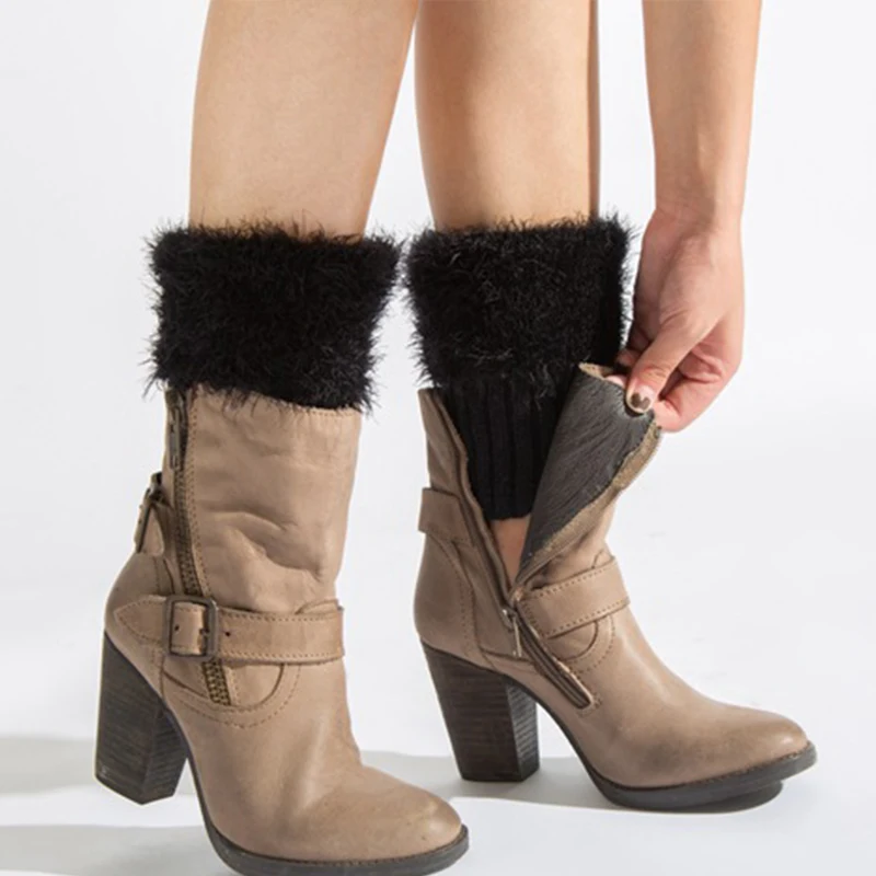 Autumn Winter Faux Fur Knitted Leg Warmers For Women Shell Design Boot