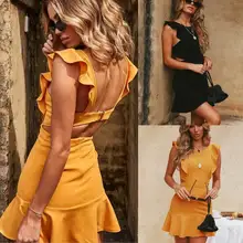 Women Summer Holiday Strappy Backless Sexy Clubwear Ruffles Sleeveless Frill Hem Ladies Beach Party Mini Dress Women Summer Holiday Strappy Backless Sexy Clubwear Ruffles Sleeveless Frill Hem Ladies Beach Party Mini Dress