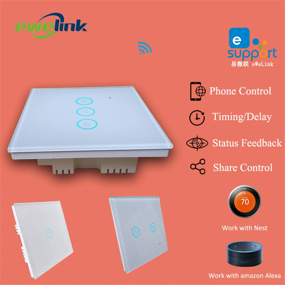 Ewelink App 1 2 3 Gang WiFi Wall Touch Switch Timer Panel 85-250V IOS Andorid Phone Remote UK 86 Standard Smart Home Automation for Amazon Alexa Google Nest