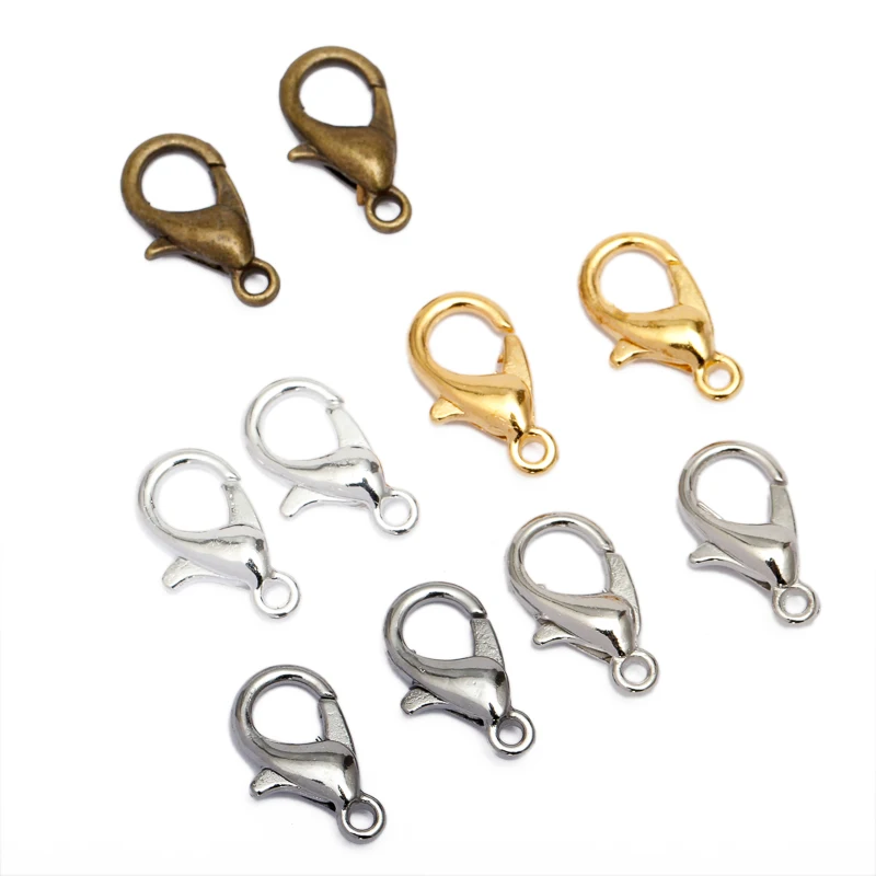 

100pcs/set 10/12/14mm Lobster Swivel Clasp For Key Ring Necklace Chain Gold Bronze Silver Plated Alloy Lobster Clasp Hook DIY