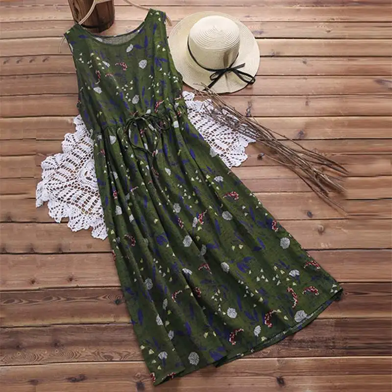ZANZEA женский плиссированный льняной сарафан с принтом миди платье с высокой талией летнее платье больших размеров на бретелях Vestidos Casua Туника Robe Femme - Цвет: Зеленый