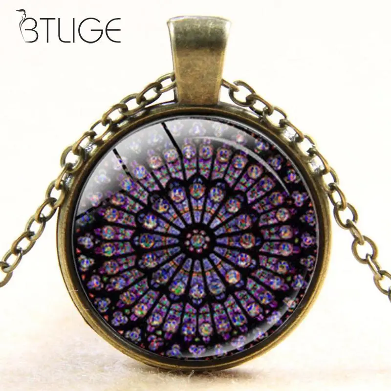 

Notre Dame DE Cathedral Paris Rose Window Stained Glass Pendant Necklace Vintage Window Flower Pendant Necklace