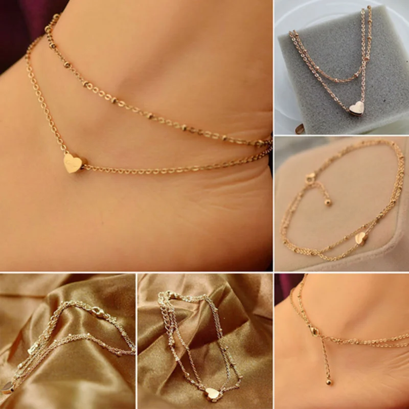 Beach Sexy Gold Tone Love Heart Ankle Bracelet Double Layer Chain Foot Anklets For Women Beautiful Jewelry | Украшения и