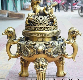 

28" chinese brass animal dragon foo dog lion beast Incense Burner Censer statue