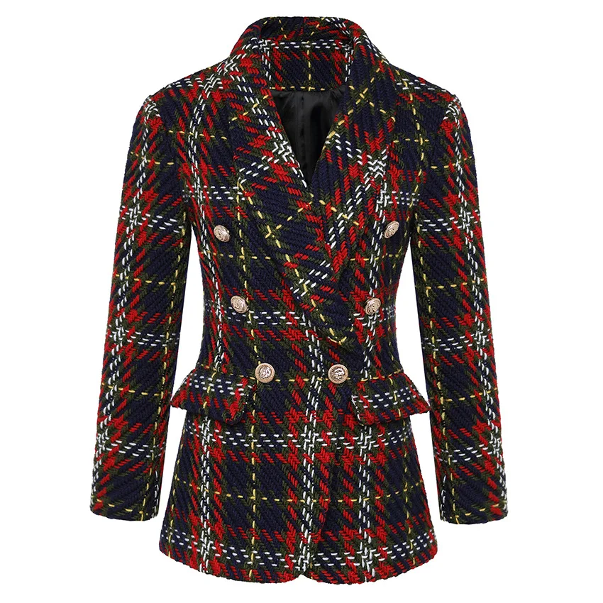 

High Quality Checked Tweed Blazer Designer Blazer Jacket Fashion Women Slim Double Breasted Long Wool Coat Femme