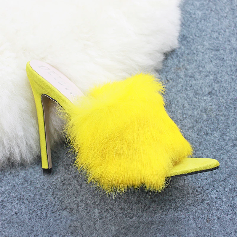 Г. Европейские сандалии ярких цветов, роскошный мех кролика, сандалии на высоком каблуке, шлепанцы женская обувь больших размеров 35-43 - Цвет: Yellow rabbit