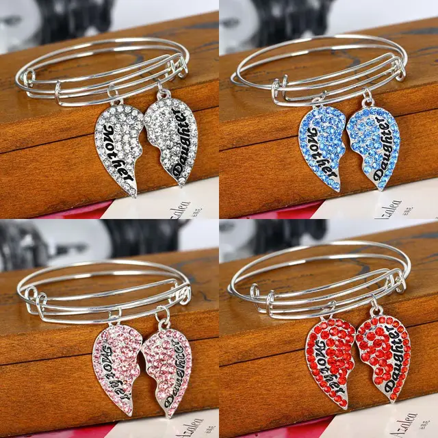 Charm Heart Red Pink Blue Clear Crystal Mother Daughter Pendant Charm Heart Red Pink Blue Clear Crystal Mother Daughter Pendant Bangle Bracelet Family Mom Mommy