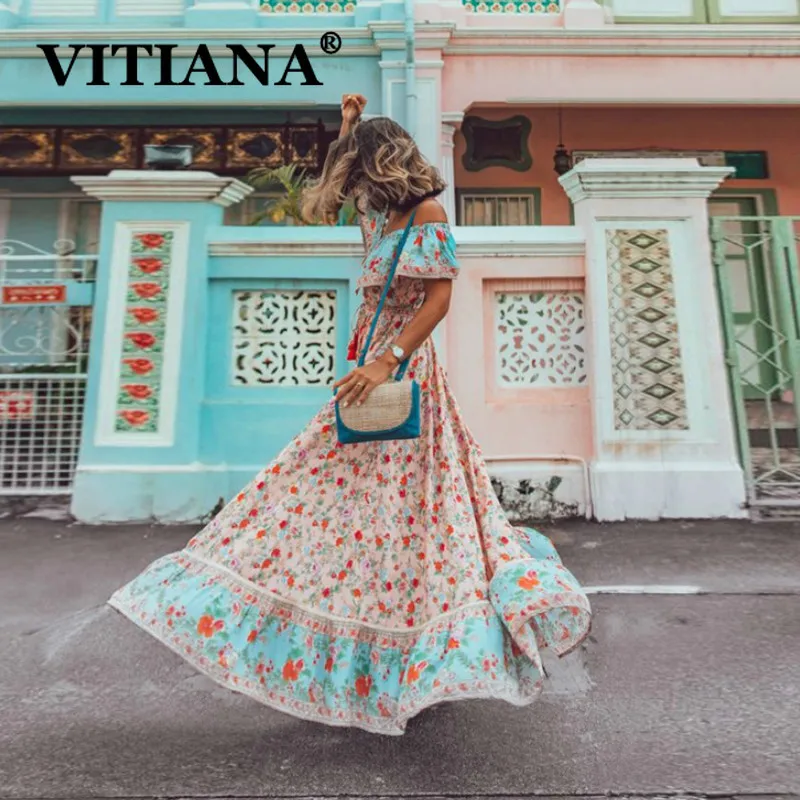 

VITIANA Women Beach Long Dress Summer 2019 Female Ruffles Print Pleated Party Maxi Dresses Ladies Casual Elegant Sexy Vestidos