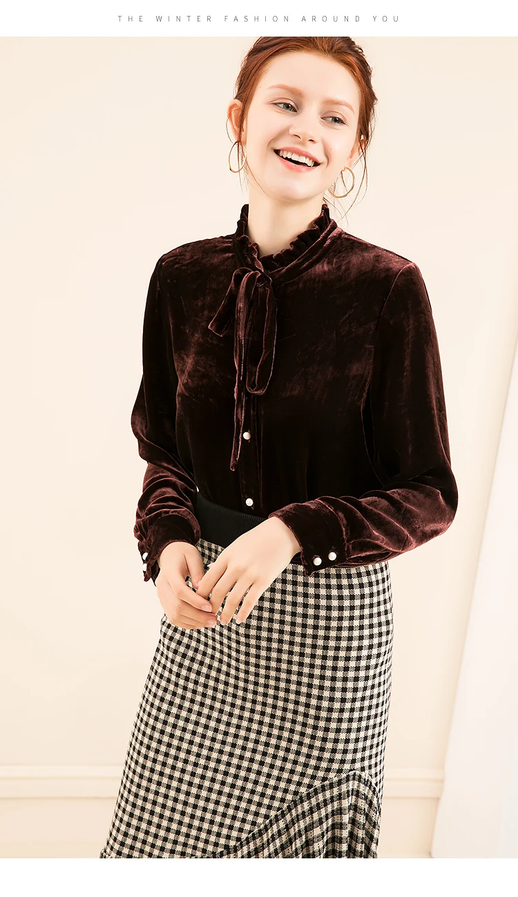 Женская шелковая бархатная блузка 16% натуральный шелк 84% вискоза с длинными рукавами Блузка стоячий воротник для женщин Весна коричневый