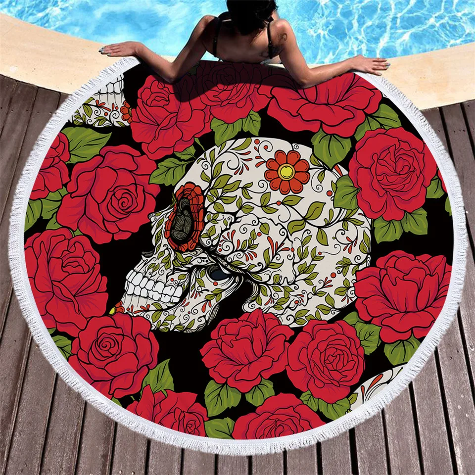 

SOFTBATFY Skull Thick Terry Round Beach Towel with Tassel Dropshipping