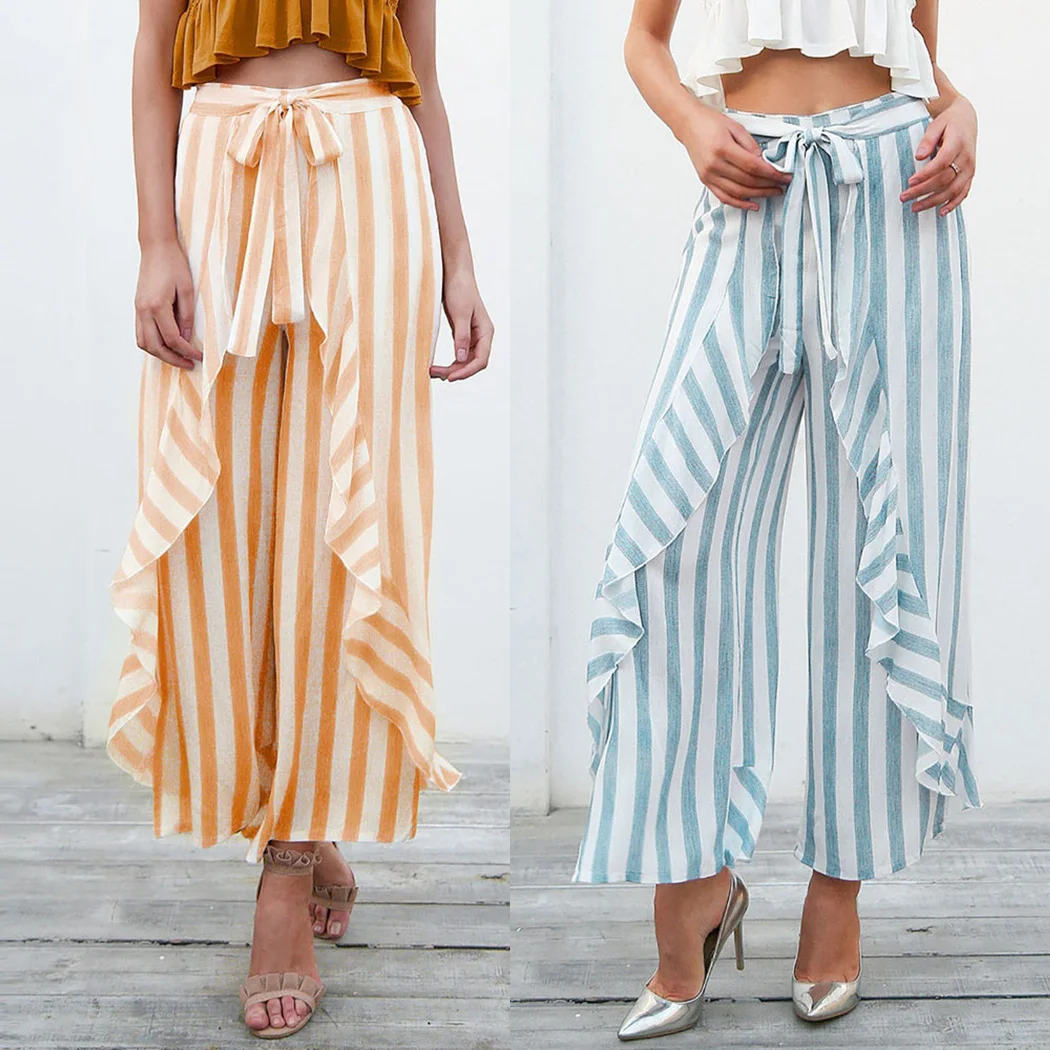 

2018 Women Ladies Vertical Split Stripe Pants Front Ruffle Bottom Sash High Waist Wide Leg Pants Beach Loose Casual Fly Trousers