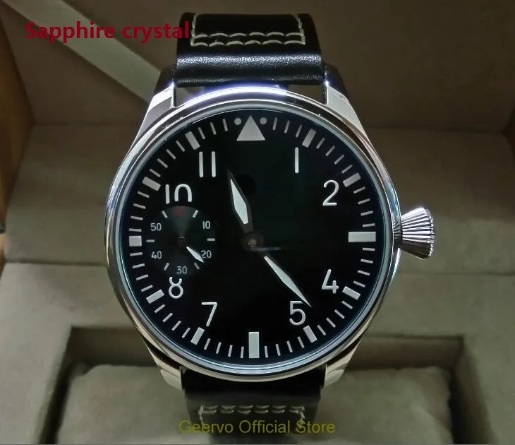 

Sapphire crystal 44mm GEERVO black dial Asian 6497 17 jewels Mechanical Hand Wind movement men's watch green luminous 103a