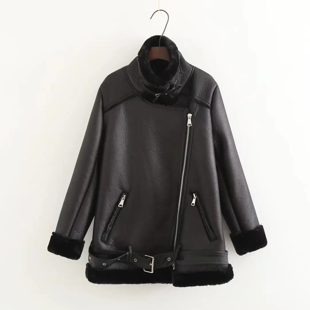 Popular Women's Autumn And Winter Warm Imitation Leather Jacket With Fur Collar Ladies Black Motorcycle& Riding Jacket Coat