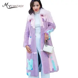 М. y. fansty2017 зима печати воротник-стойка норковая шуба лоскутное Натуральный мех пальто контраст Цвет Для женщин X-длинные Офисные женские