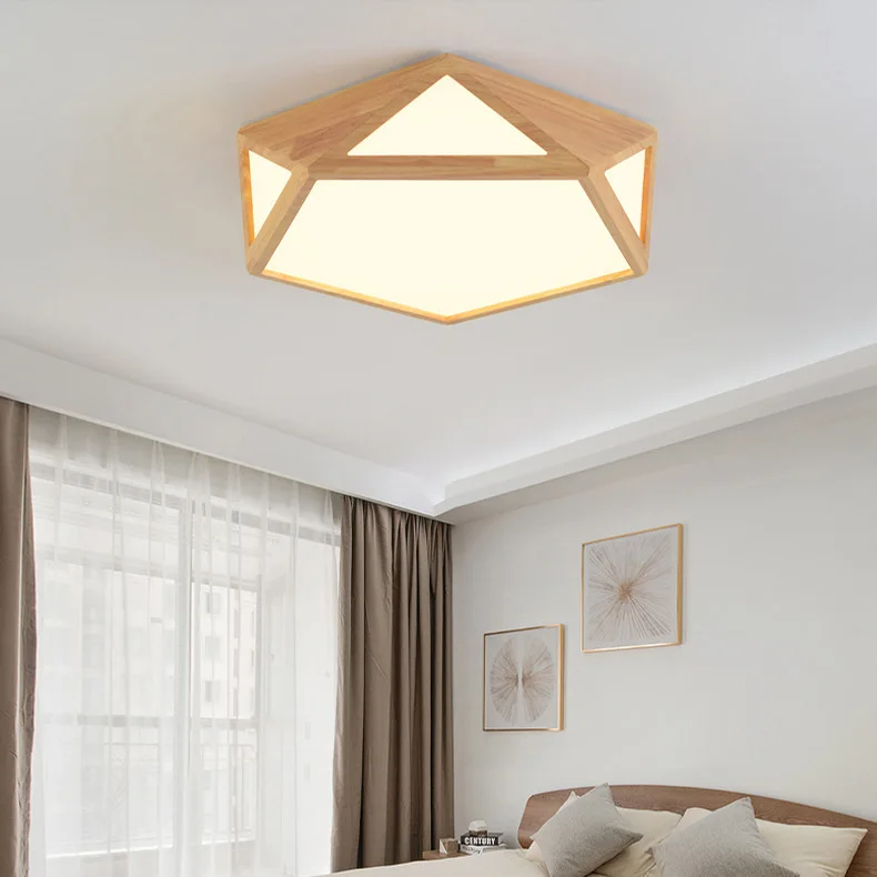 Japan Modern Led Ceiling Light Fixture Wooden Geometric Mounted Ceiling
