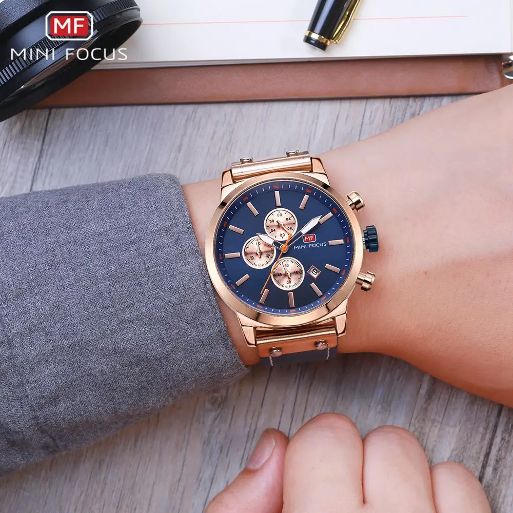  MINIFOCUS Fashion Sport Men Watch Top Brand Quartz Wristwatch Leather Military Watches Mens Chronog